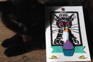 Blue Candle Card with Wolfie the Cat