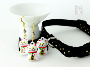 Neko Lucky Cat Collar and Earring Set (Jet Black)