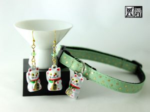 Neko Lucky Cat Collar and Earring Set (Celadon Mint)